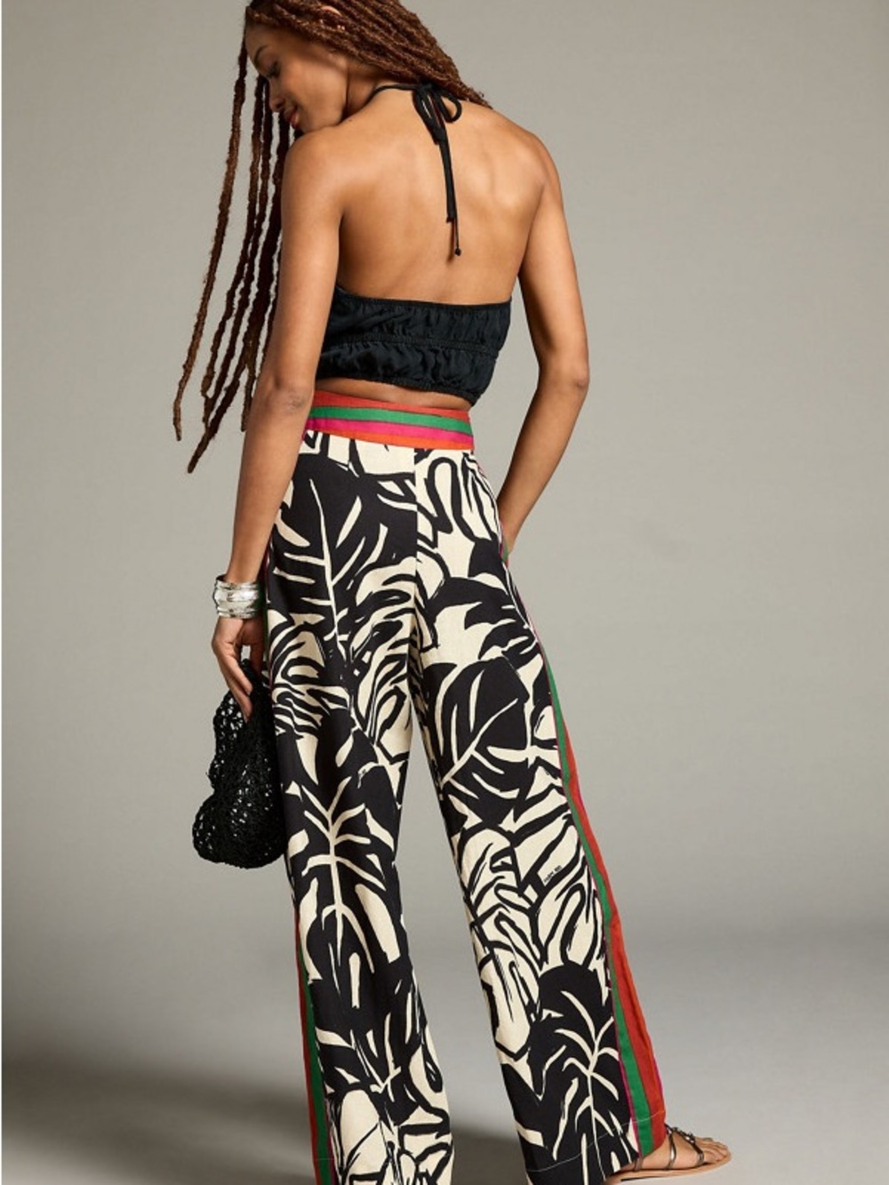 FARM Rio Black & Cream Wide Leg Tropical Print Pants with Striped Waistband - Picture 3 of 5